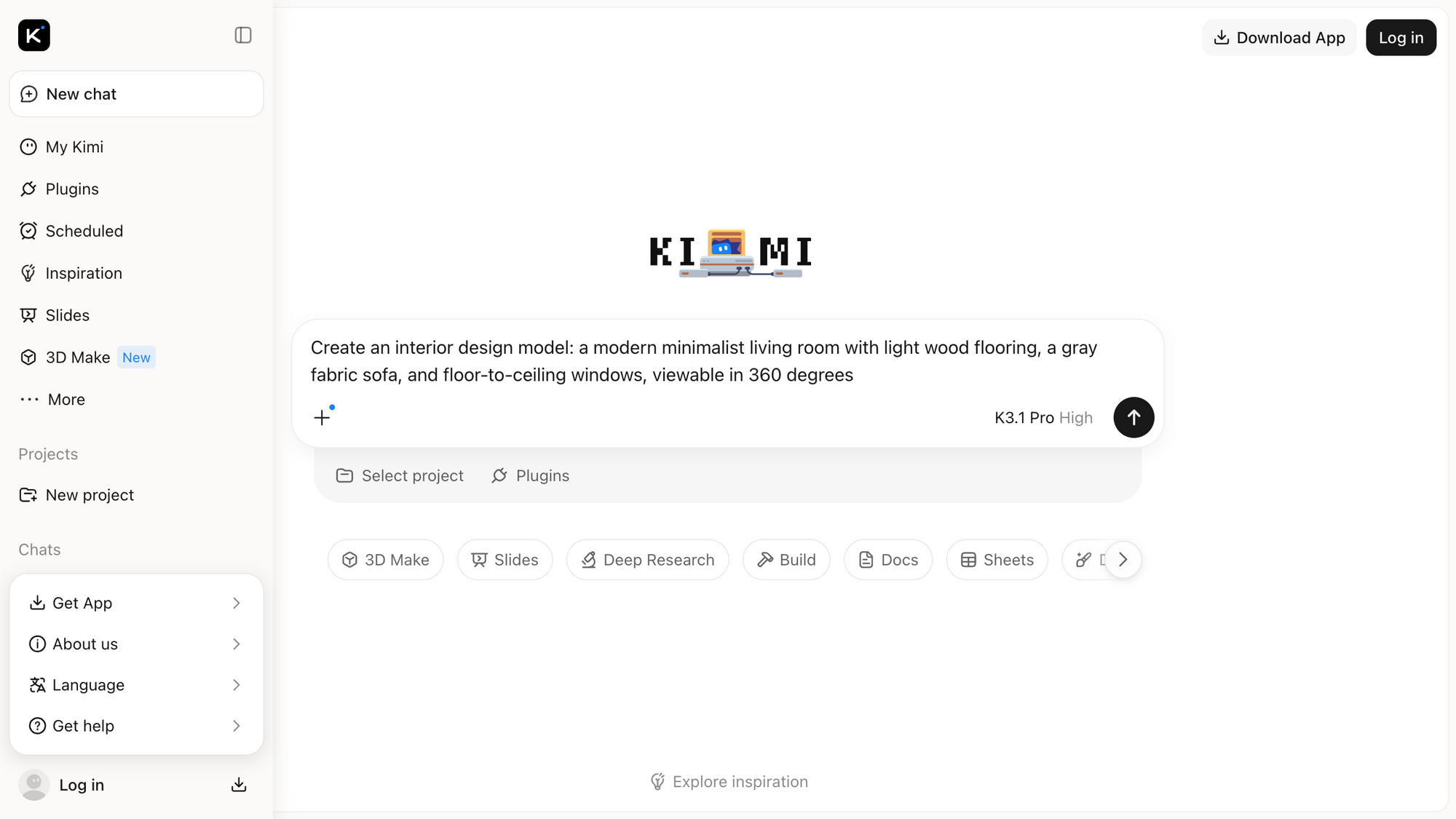 3D Make entry in the Kimi sidebar