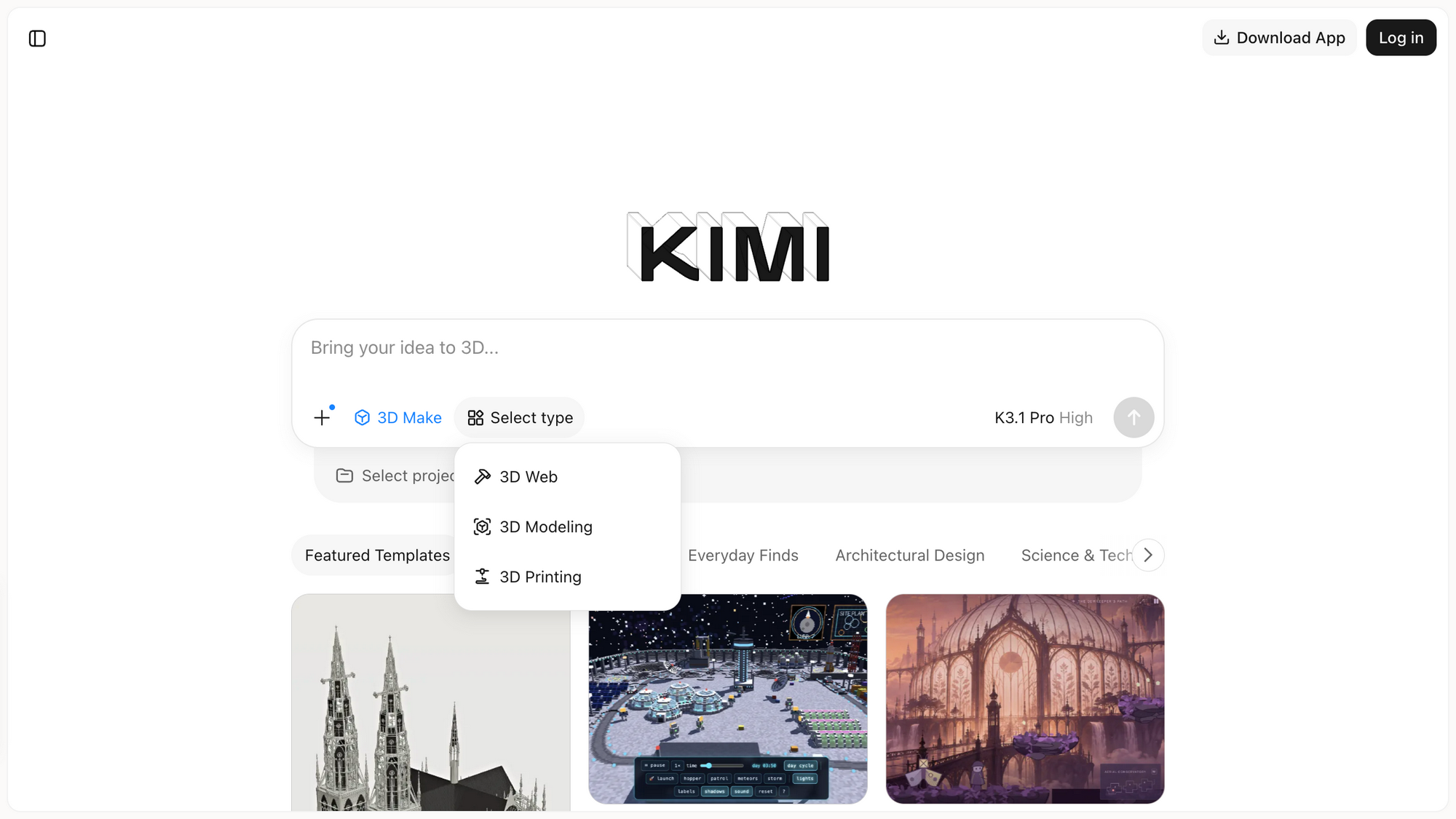 The Select type menu: 3D Web / 3D Modeling / 3D Printing