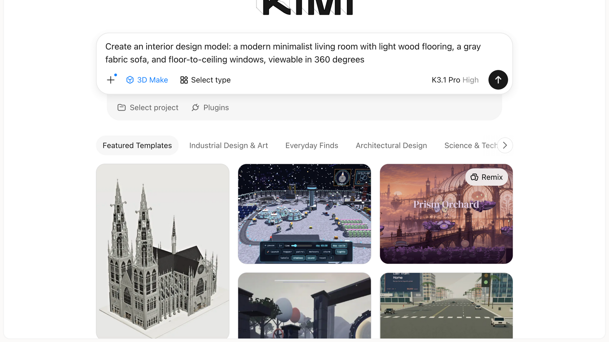 Featured templates area; hovering a card reveals the Remix button