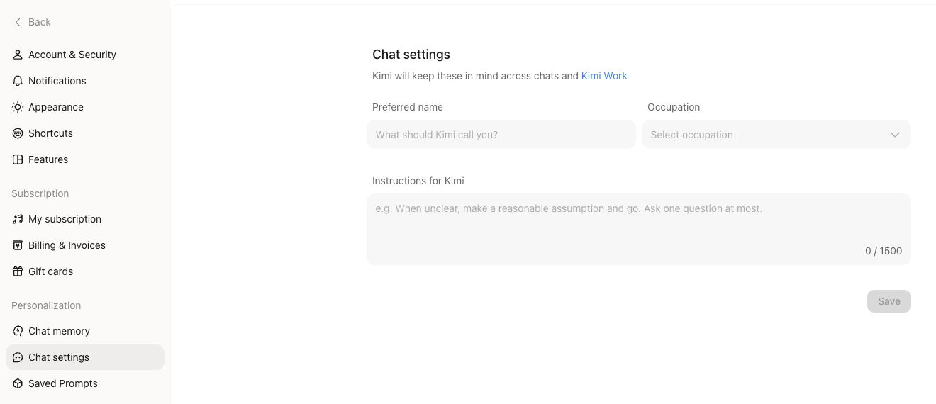 English Chat settings on Kimi AI, with Preferred name, Occupation, Instructions for Kimi, and Save