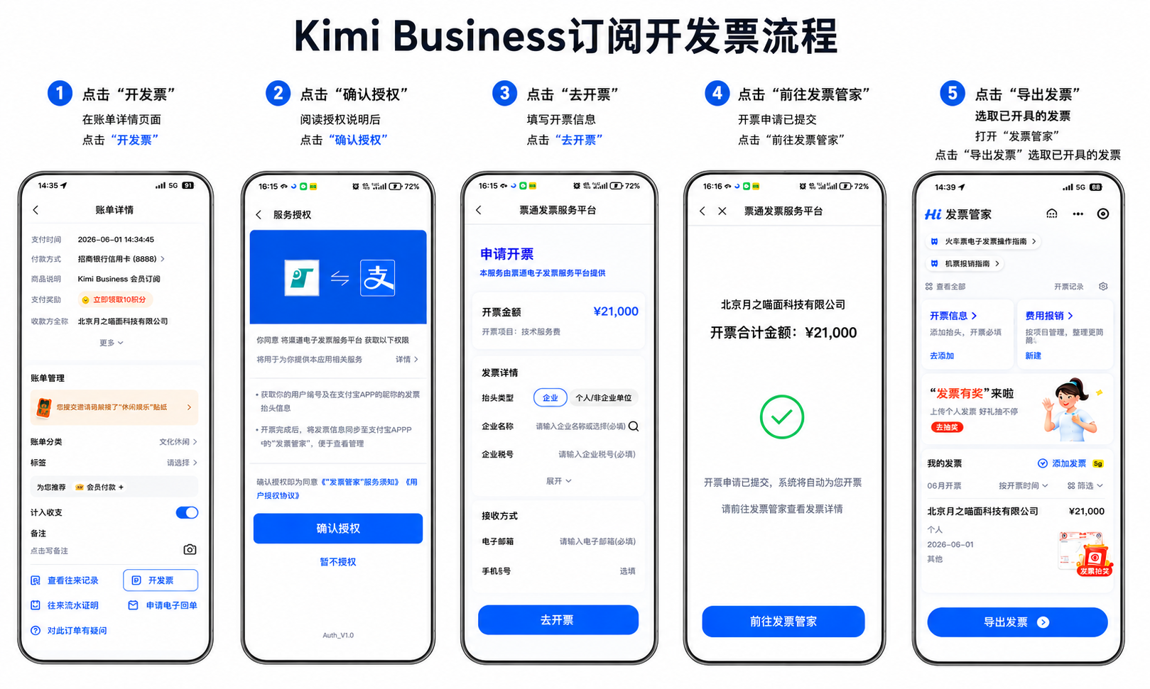 Kimi Business subscription invoice request workflow