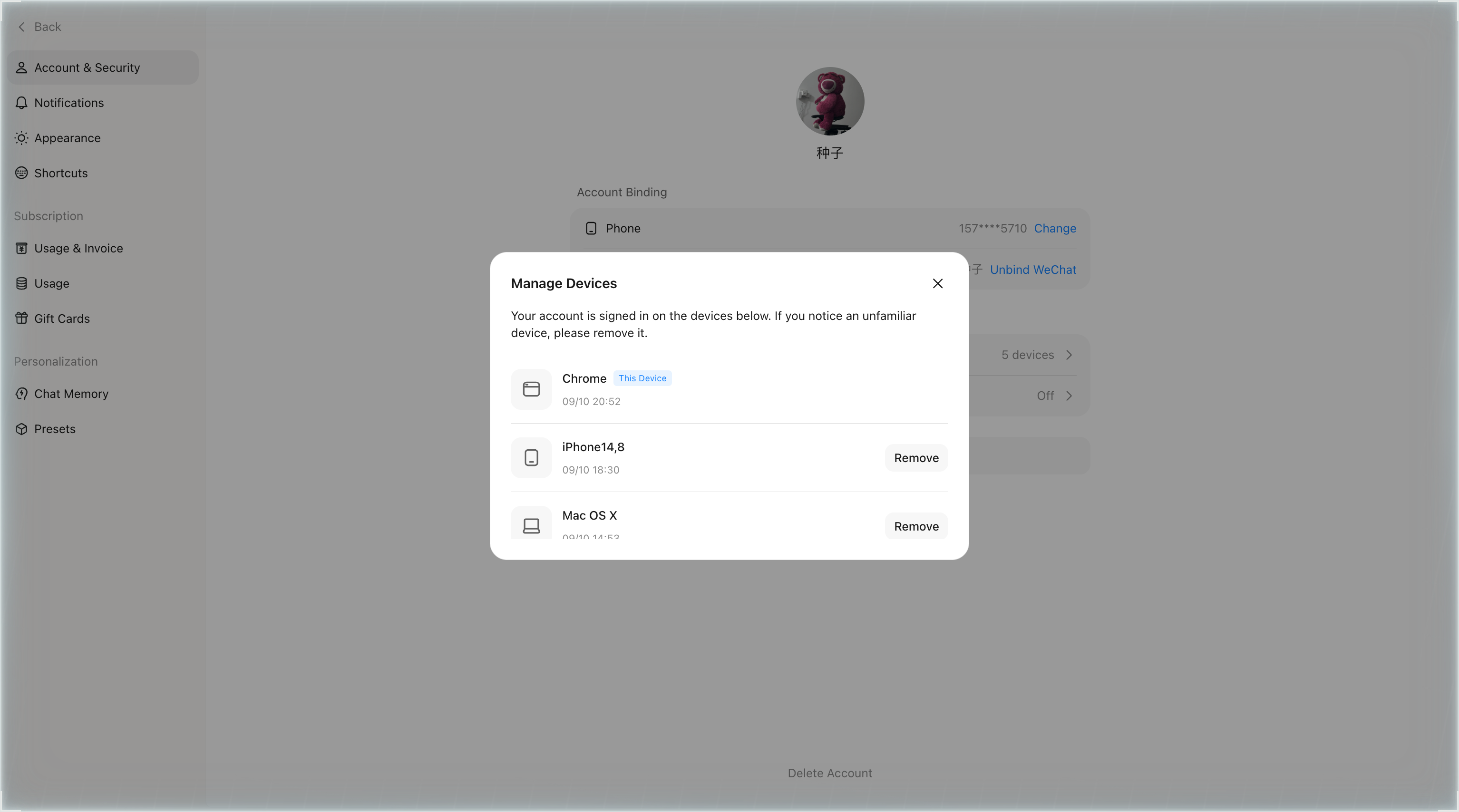 Manage Devices dialog showing the signed-in device list