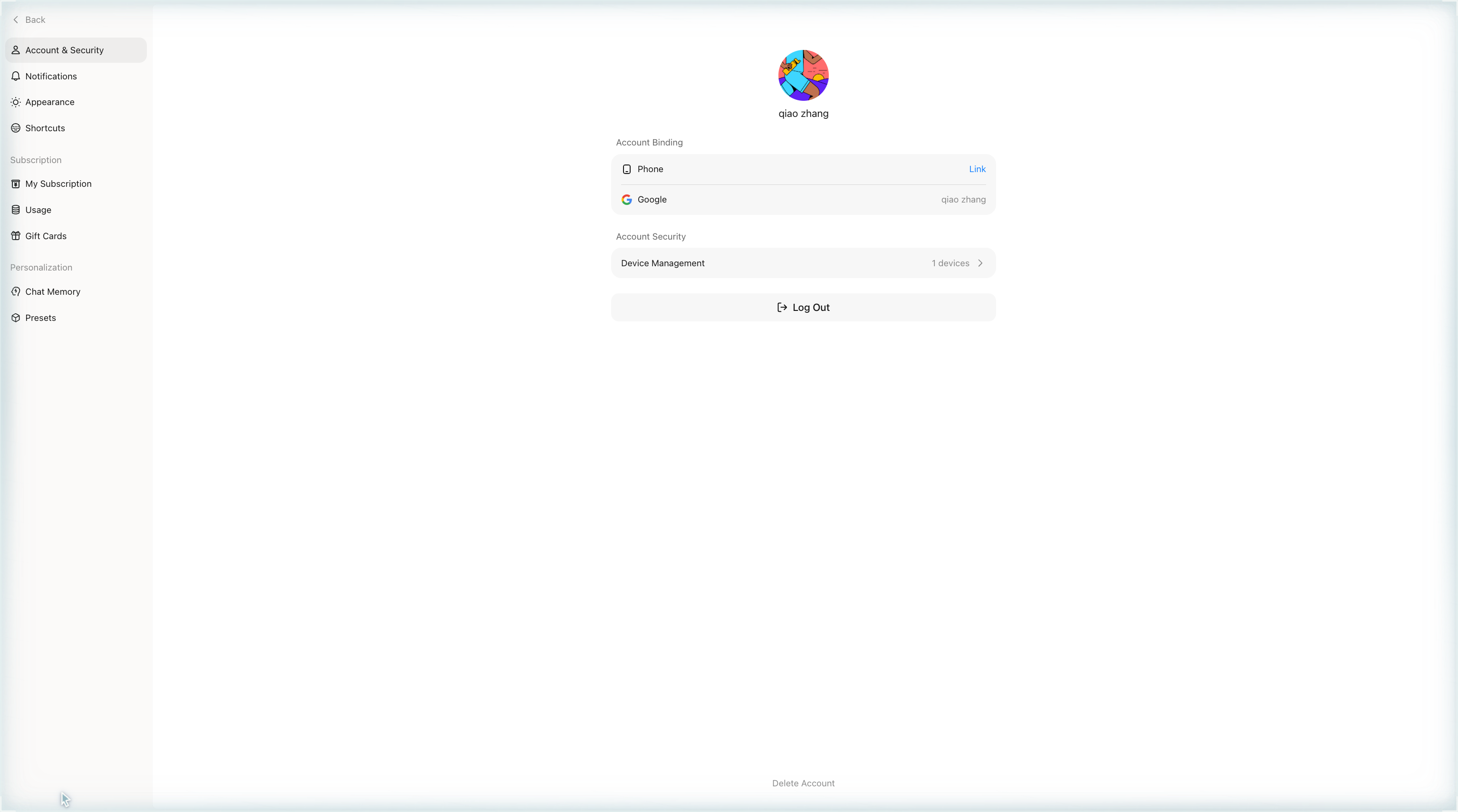 Device Management entry on the Account & Security settings page