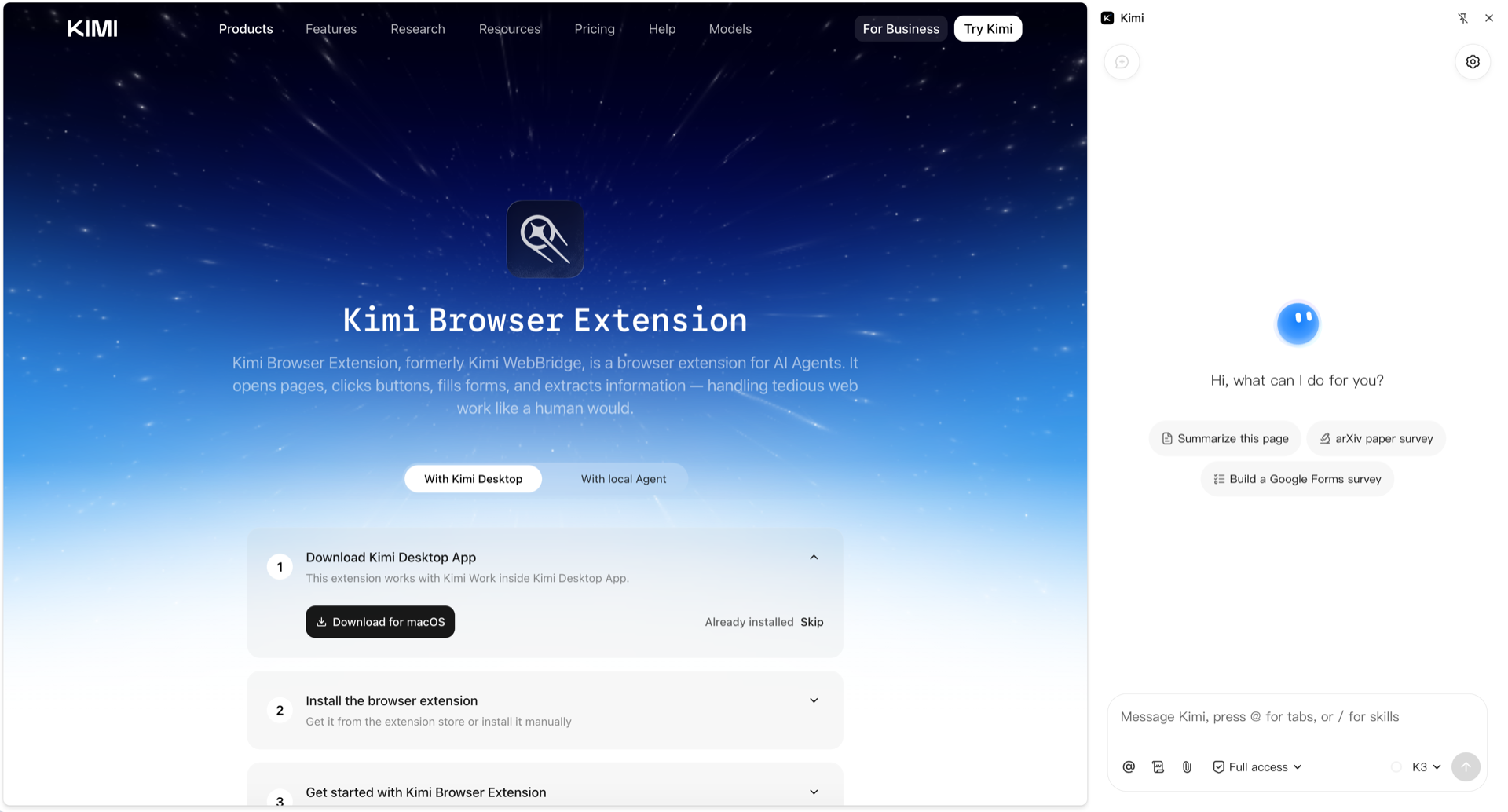 Kimi Browser Extension sidebar