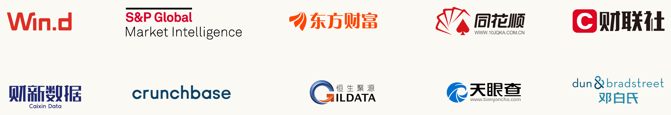 Kimi 金融数据合作伙伴 Logo 墙：S&P Global、万得、东方财富、同花顺、财联社、Crunchbase、财新数据、新华财经、天眼查、恒生聚源、中信建投